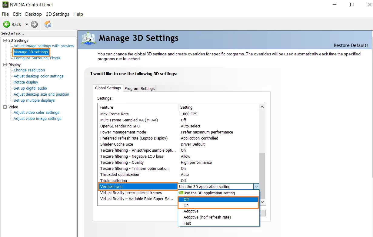 Enable VSync in Nvidia Control pannel