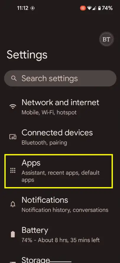 Apps option on android 12 settings