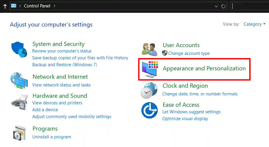 Appearance and Personalization in control panel