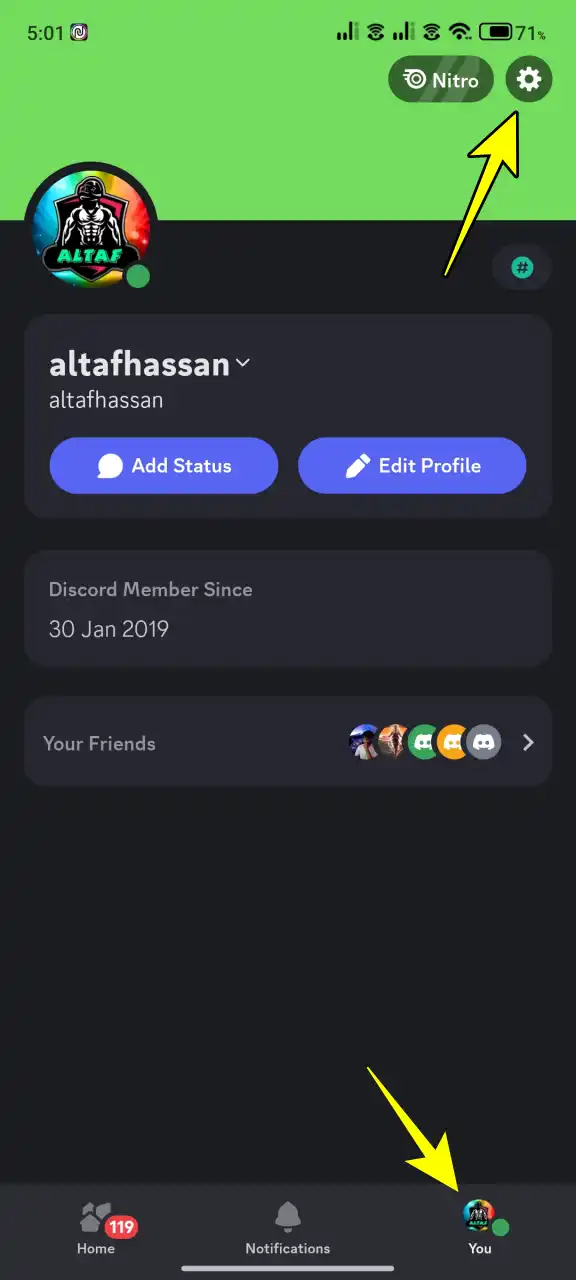 Discord mobile setting icon with profile picture