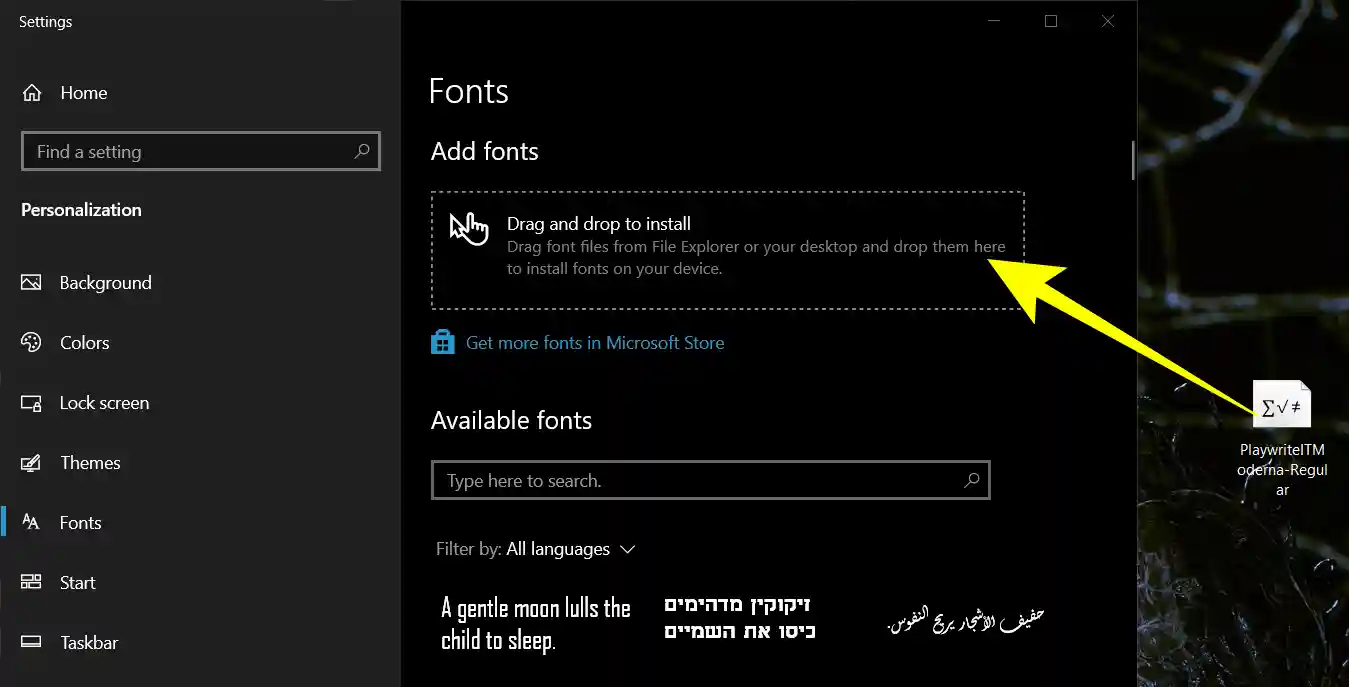 Drag and Drop font file in add fonts section