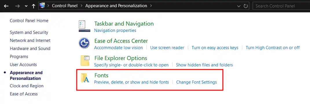 Font setting in control panel