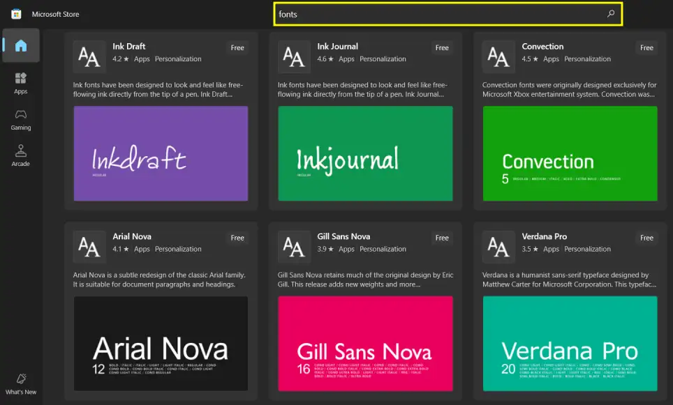 Microsoft store with fonts 