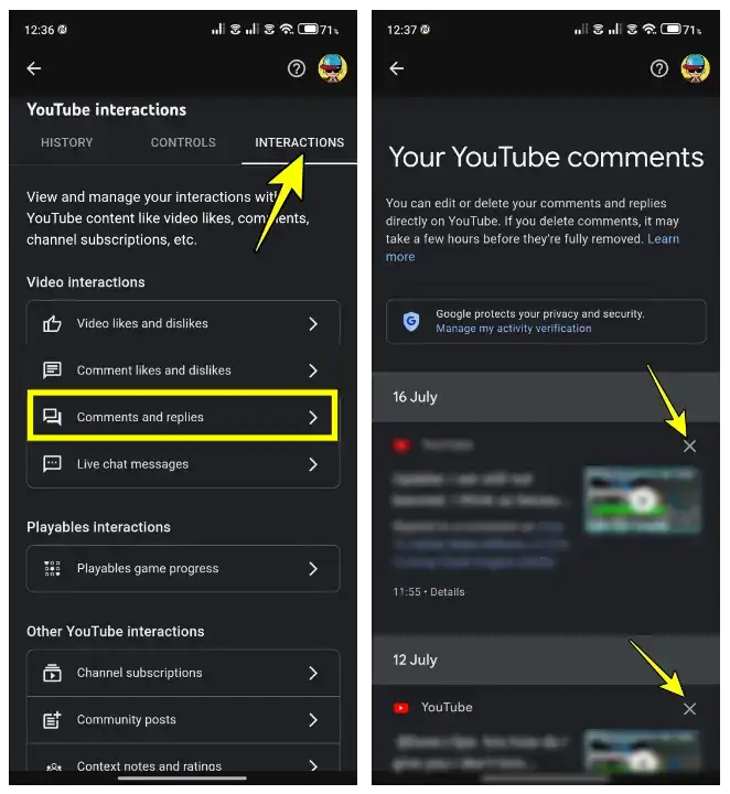 delete your YouTube comment history on amobile