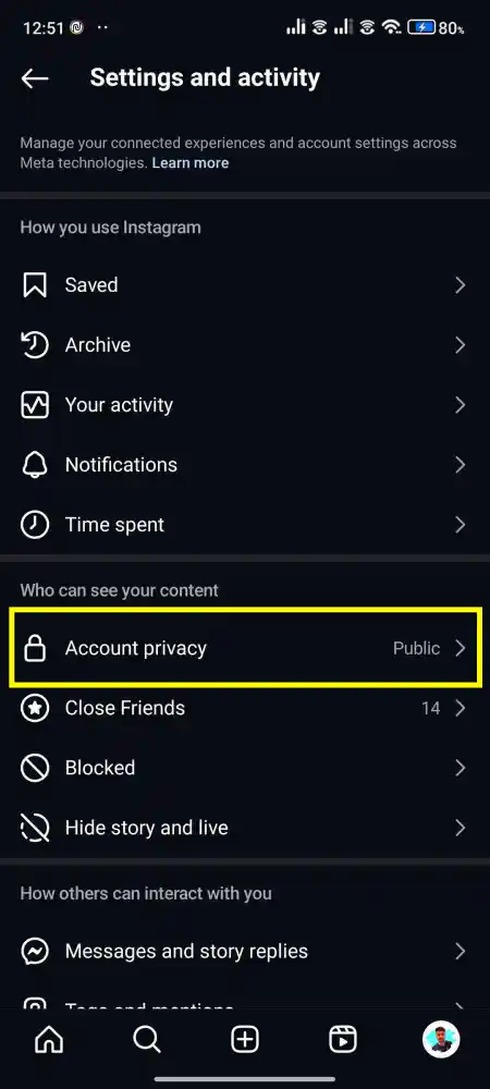 Instagram account privacy option