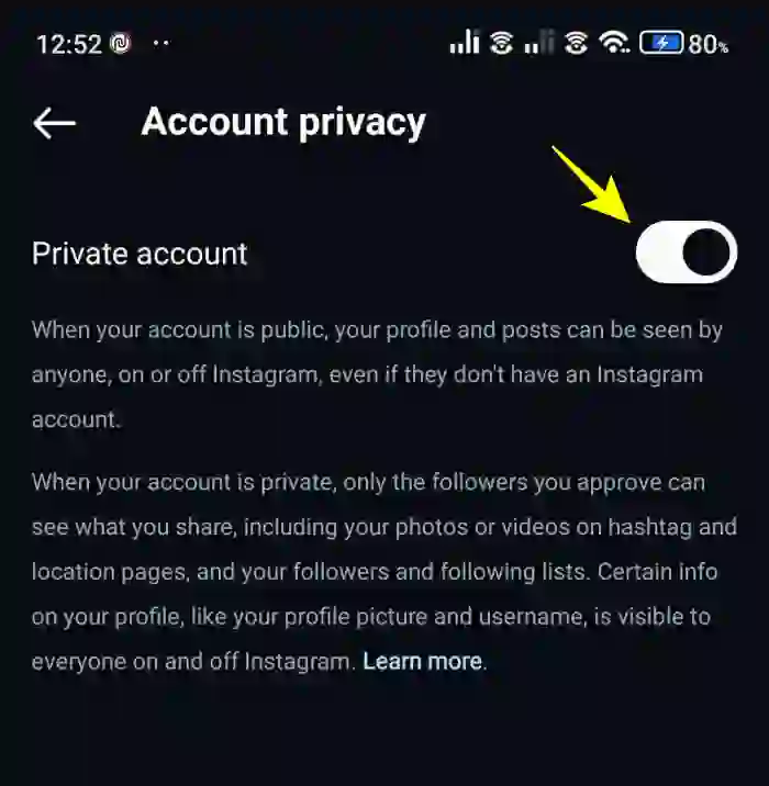 Private your account instagram option