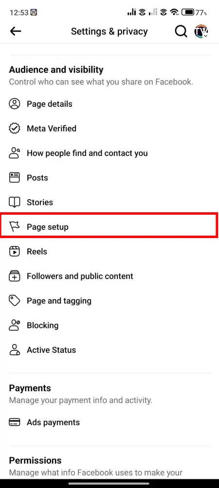 facebook page setup option