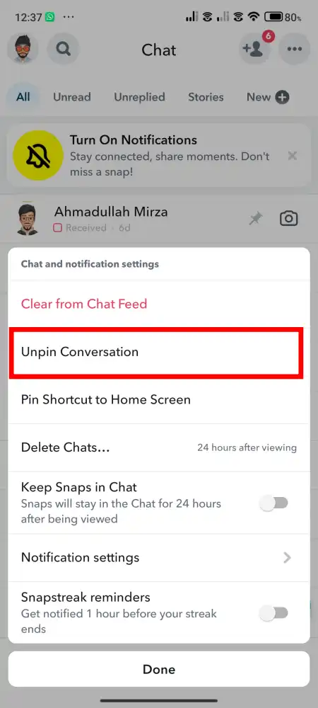 Unpin Someone on Snapchat