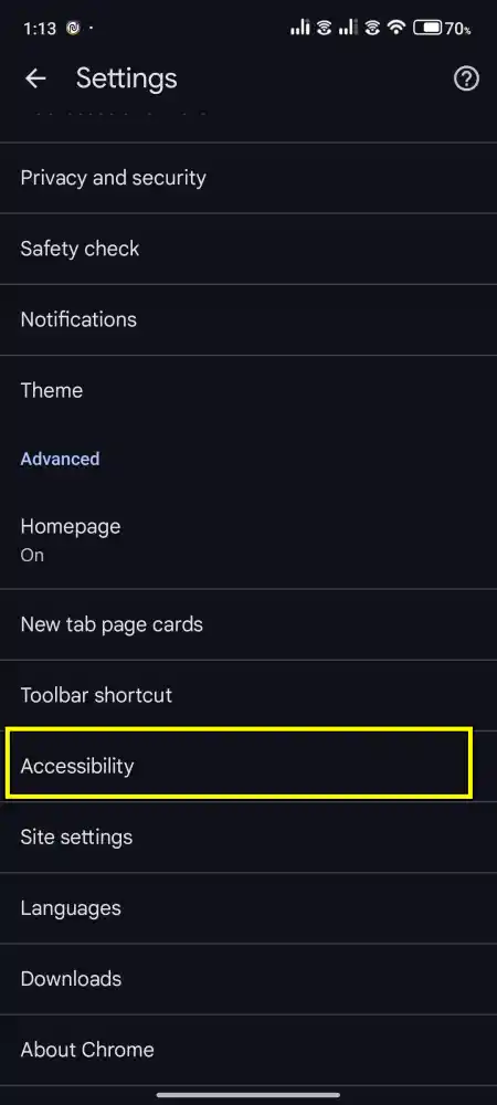 chrome android accessibility setting