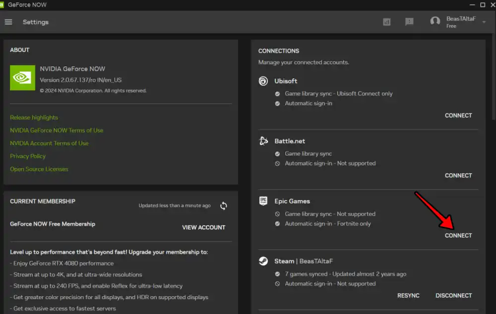 connect your epic games from geforce