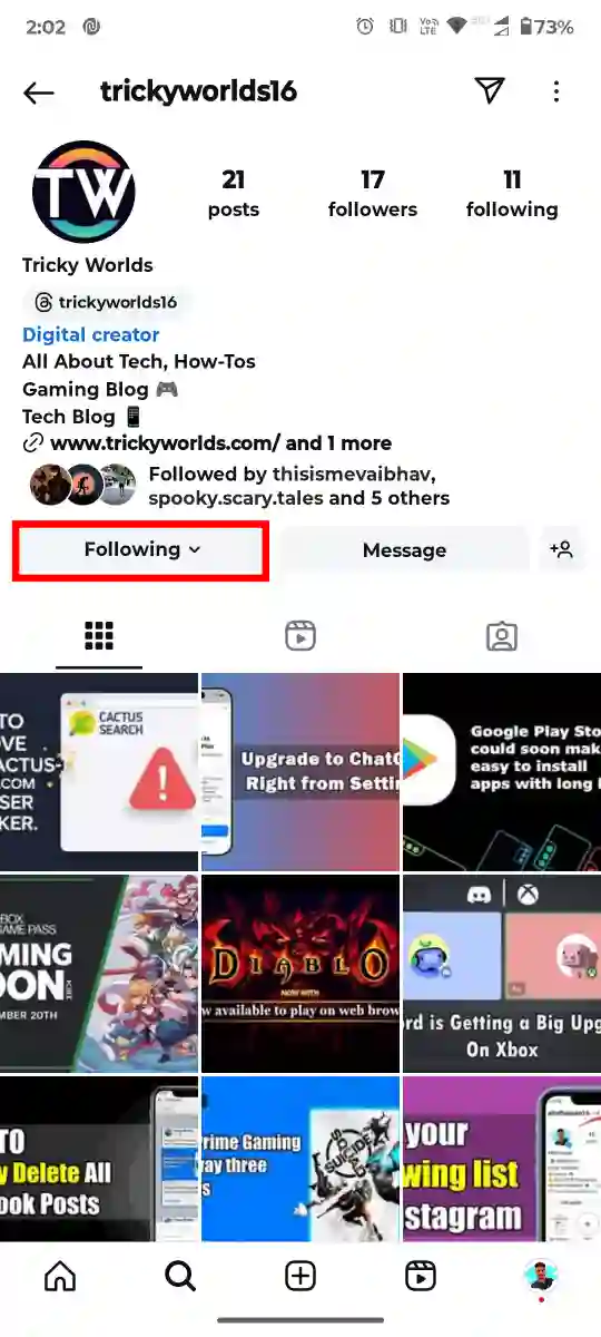 Following button Instagram