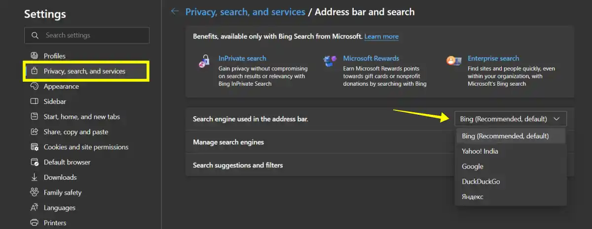 Change dafault search engine in edge