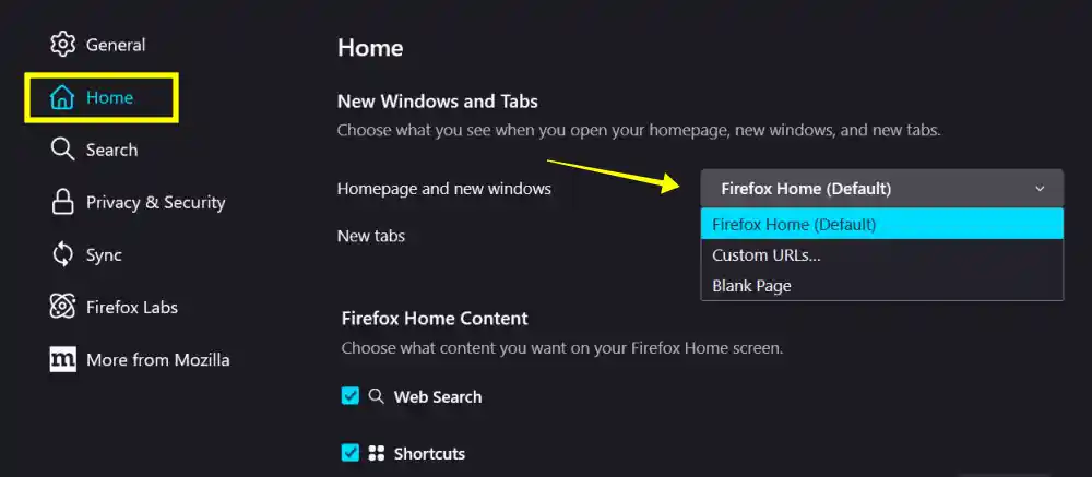 Change dafault homepage in firefox