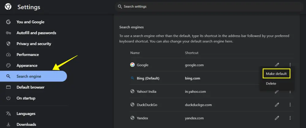 Change default search engine setting in chrome 