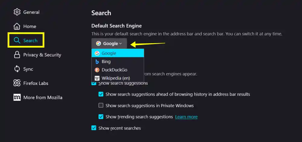 Change dafault search engine in firefox