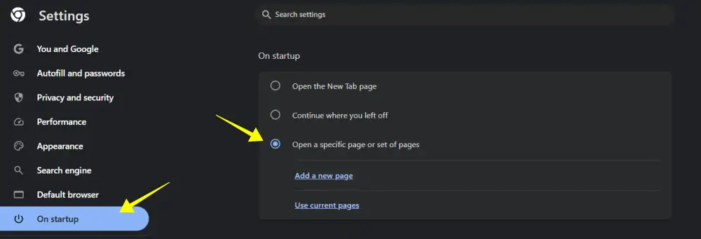 Google chrome startup setting