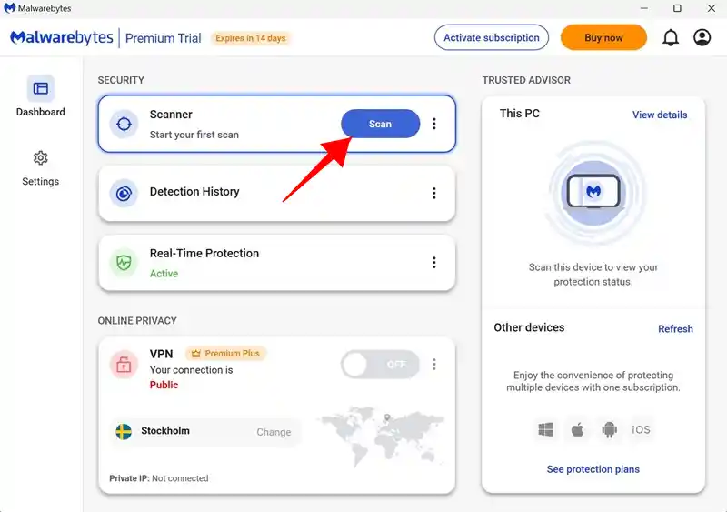 Malware byte scan option