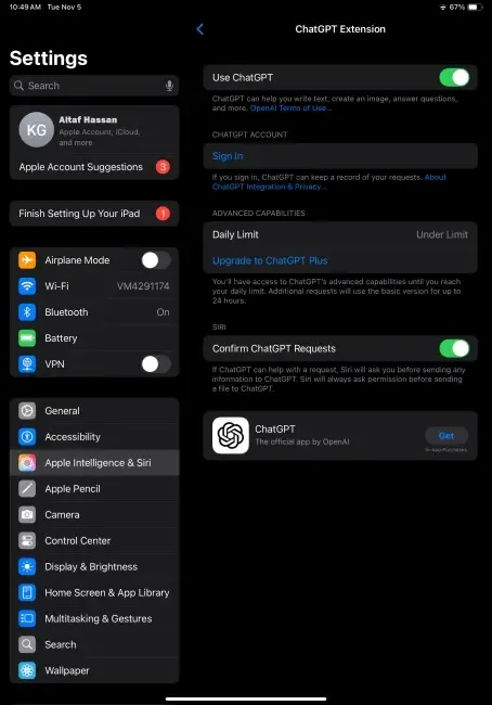 option to upgrade to chatgpt plus in ios 18.2