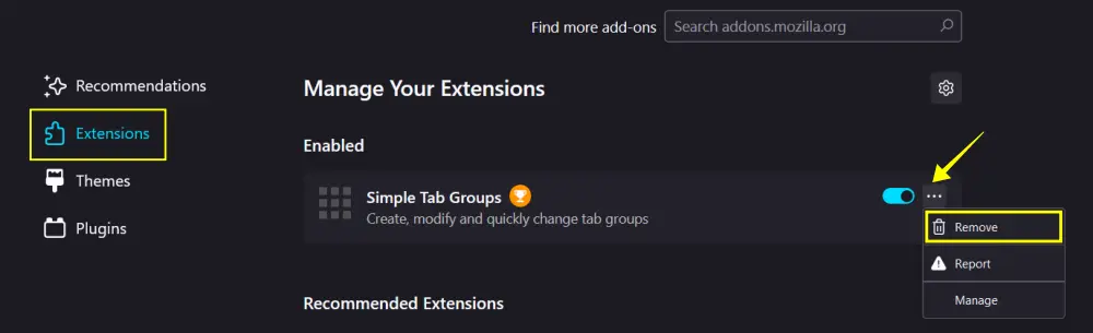 Remove extension in firefox