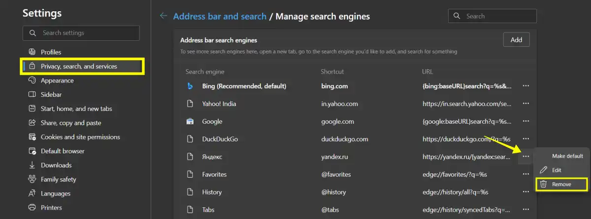 Remove search engines from edge