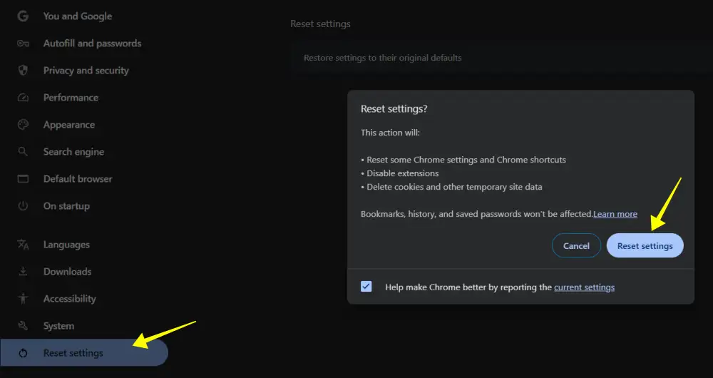 Reset chrome setting