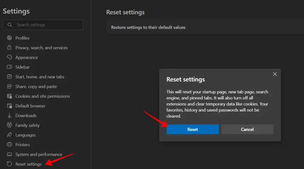 Reset microsoft edge setting 