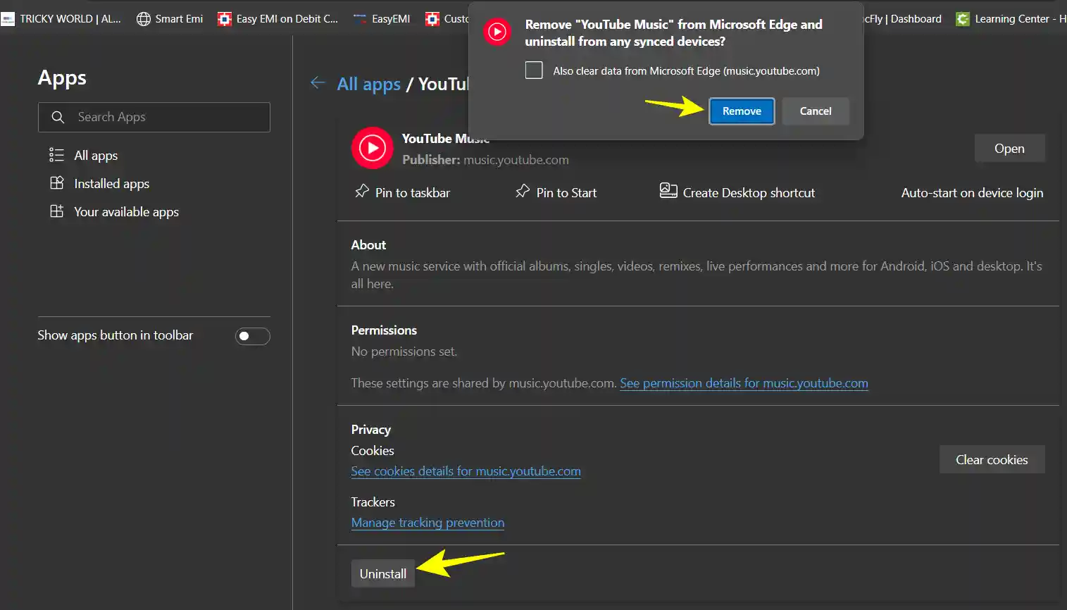 UnInstall YouTube Music on Edge Browser